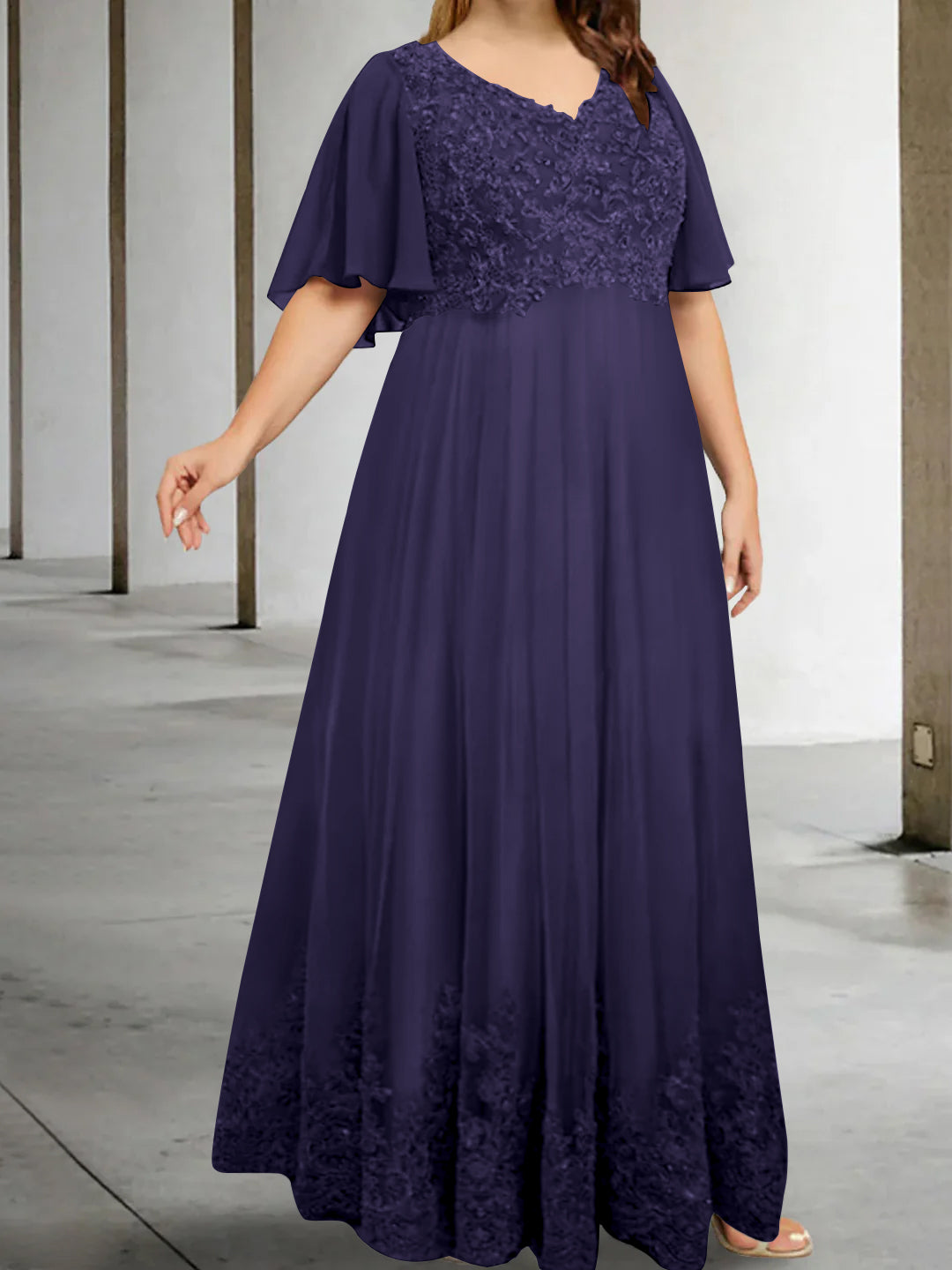 A Line Princess V Neck Half Sleeves Floor Length Plus Size Mother Of The Bride Dresses With Appliques