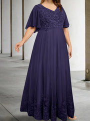 A Line Princess V Neck Half Sleeves Floor Length Plus Size Mother Of The Bride Dresses With Appliques