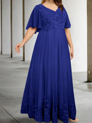 A Line Princess V Neck Half Sleeves Floor Length Plus Size Mother Of The Bride Dresses With Appliques