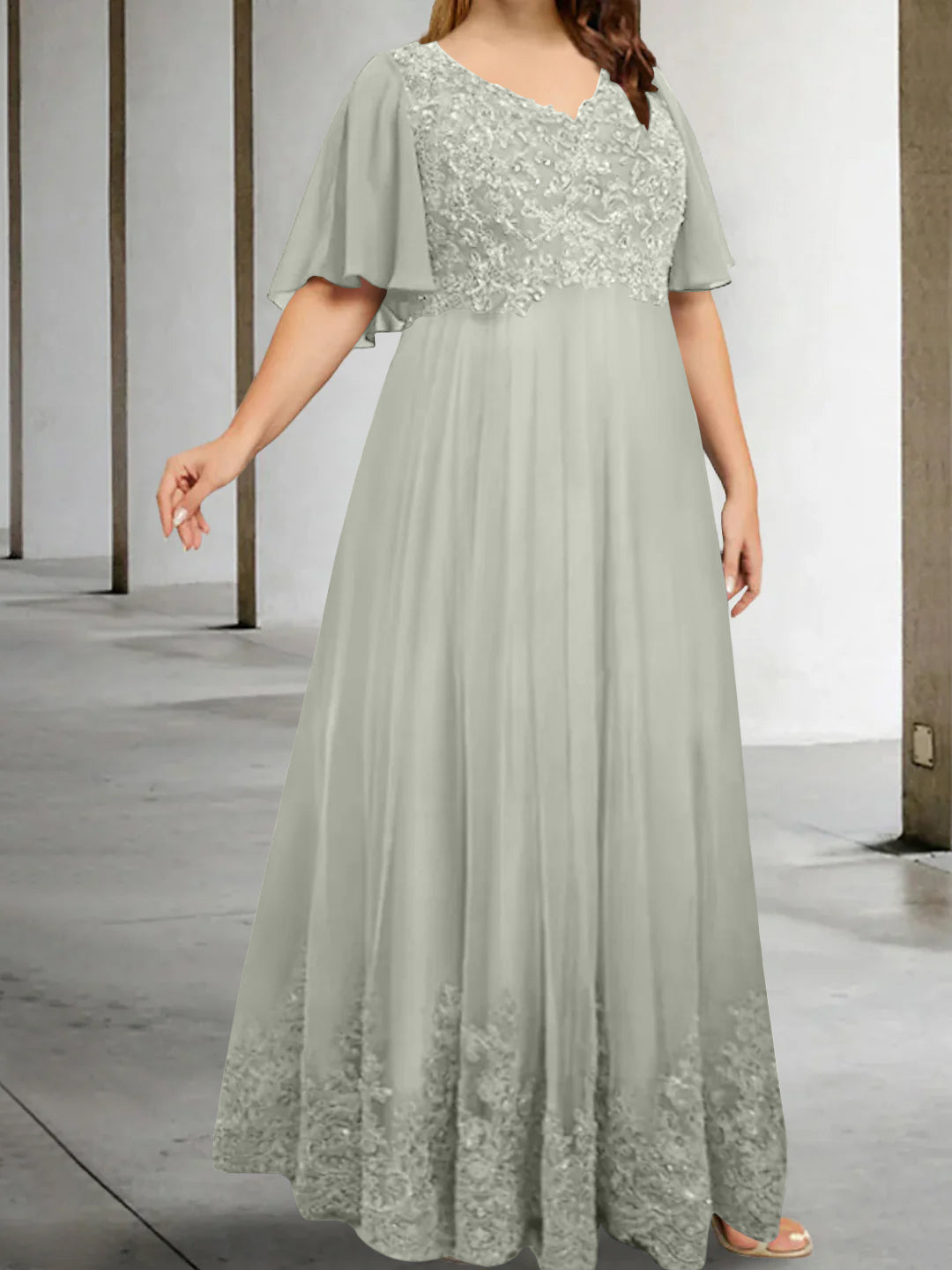 A Line Princess V Neck Half Sleeves Floor Length Plus Size Mother Of The Bride Dresses With Appliques