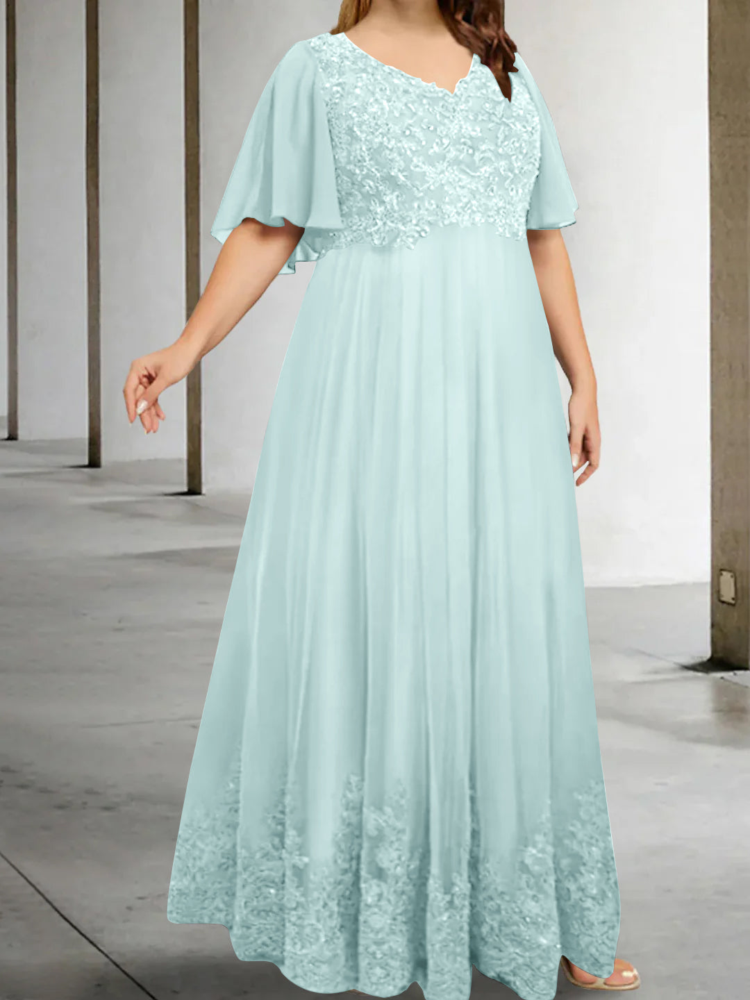 A Line Princess V Neck Half Sleeves Floor Length Plus Size Mother Of The Bride Dresses With Appliques