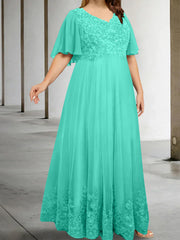 A Line Princess V Neck Half Sleeves Floor Length Plus Size Mother Of The Bride Dresses With Appliques