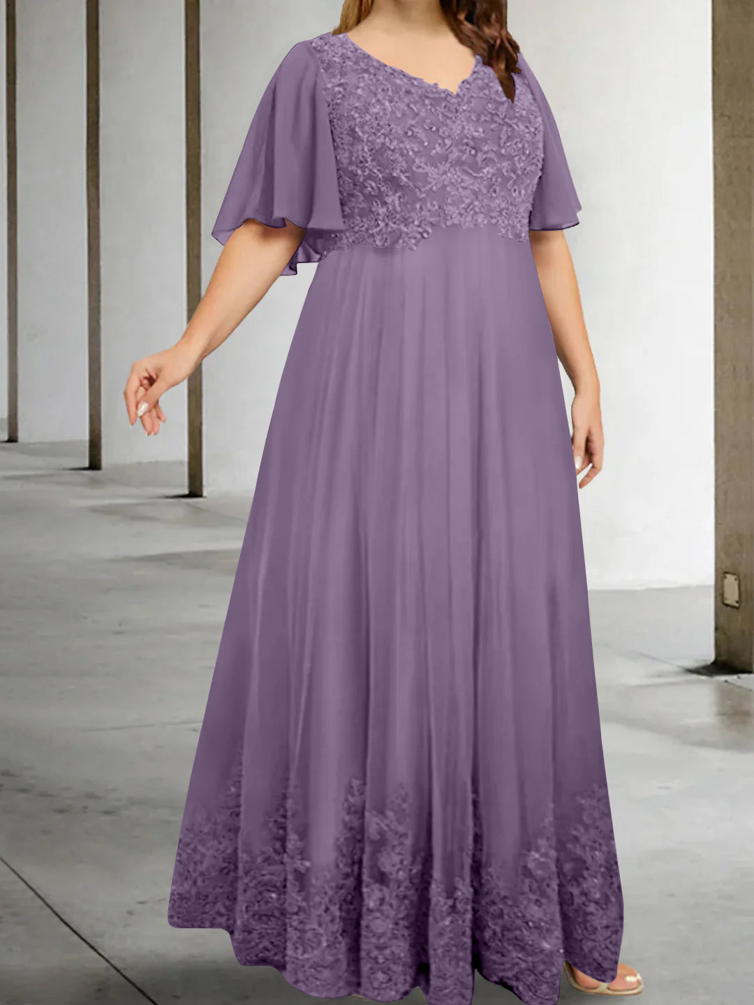A Line Princess V Neck Half Sleeves Floor Length Plus Size Mother Of The Bride Dresses With Appliques