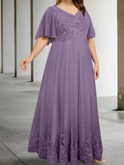 A-Line/Princess V-Neck Half Sleeves Floor-Length Plus Size Mother of the Bride Dresses with Appliques