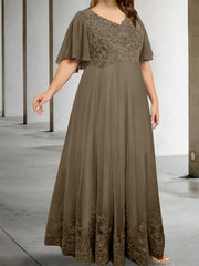 A Line Princess V Neck Half Sleeves Floor Length Plus Size Mother Of The Bride Dresses With Appliques