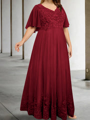 A Line Princess V Neck Half Sleeves Floor Length Plus Size Mother Of The Bride Dresses With Appliques