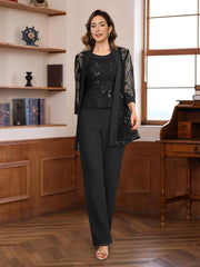 3 Pieces Chiffon Round Neck Floor Length Mother Of The Bride Pantsuits With Sequins