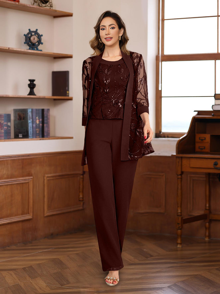 3 Pieces Chiffon Round Neck Floor Length Mother Of The Bride Pantsuits With Sequins