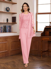 3 Pieces Chiffon Round Neck Floor Length Mother Of The Bride Pantsuits With Sequins