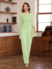 3 Pieces Chiffon Round Neck Floor-Length Mother of the Bride Pantsuits with Sequins