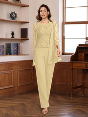 3 Pieces Chiffon Round Neck Floor-Length Mother of the Bride Pantsuits with Sequins