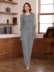 3 Pieces Chiffon Round Neck Floor Length Mother Of The Bride Pantsuits With Sequins