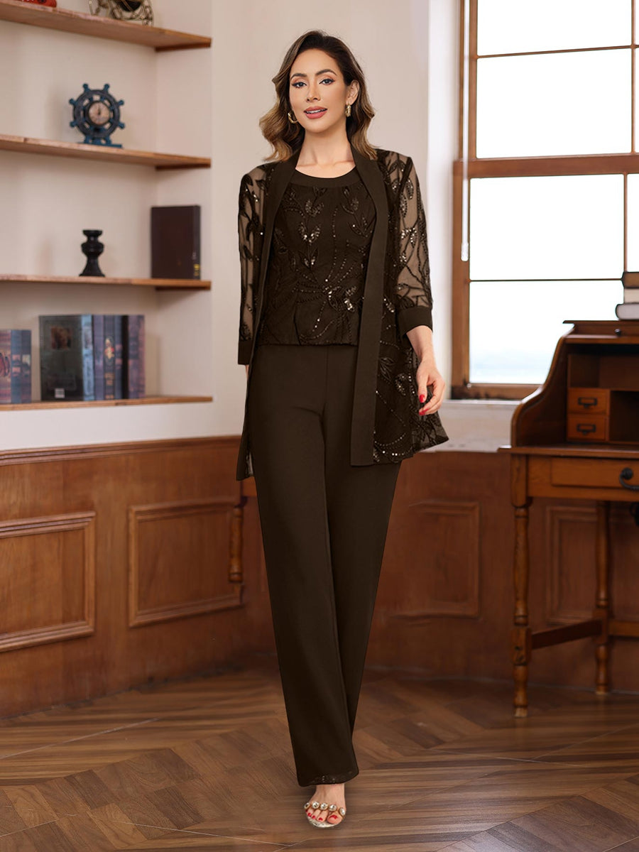 3 Pieces Chiffon Round Neck Floor Length Mother Of The Bride Pantsuits With Sequins