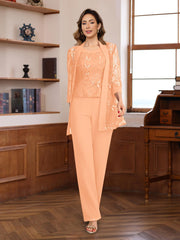 3 Pieces Chiffon Round Neck Floor-Length Mother of the Bride Pantsuits with Sequins