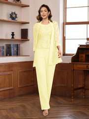 3 Pieces Chiffon Round Neck Floor-Length Mother of the Bride Pantsuits with Sequins