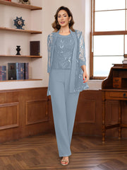 3 Pieces Chiffon Round Neck Floor Length Mother Of The Bride Pantsuits With Sequins