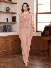 3 Pieces Chiffon Round Neck Floor Length Mother Of The Bride Pantsuits With Sequins