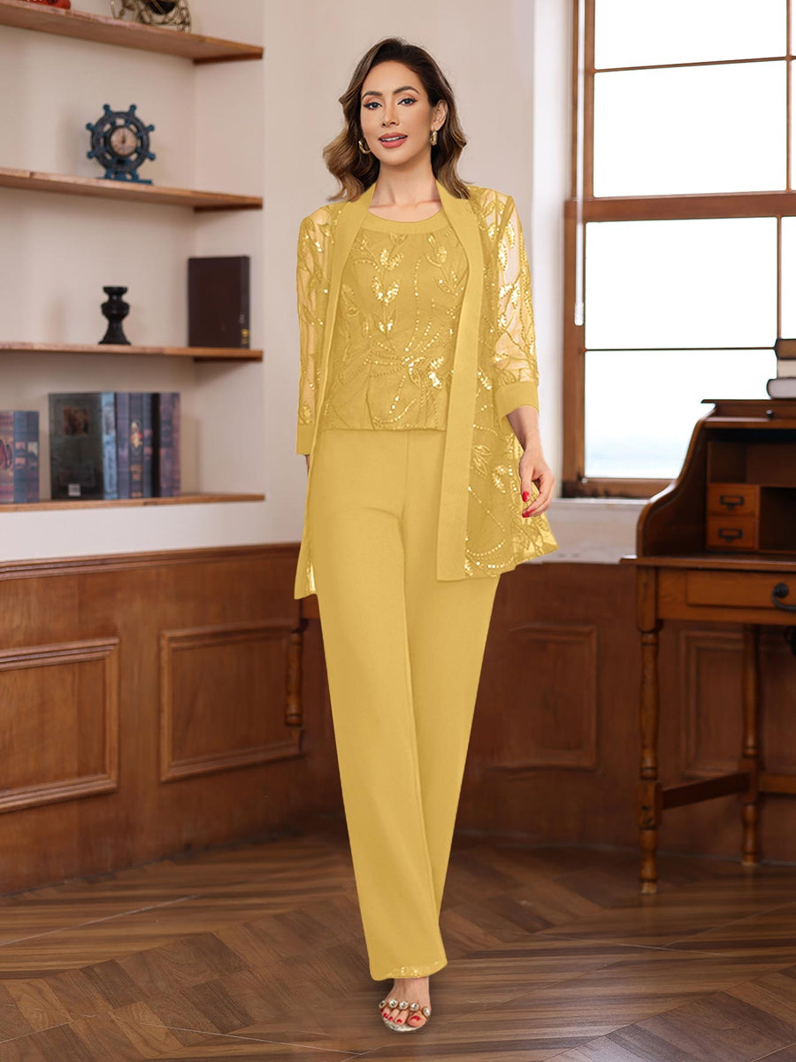 3 Pieces Chiffon Round Neck Floor Length Mother Of The Bride Pantsuits With Sequins