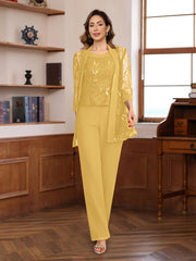 3 Pieces Chiffon Round Neck Floor Length Mother Of The Bride Pantsuits With Sequins