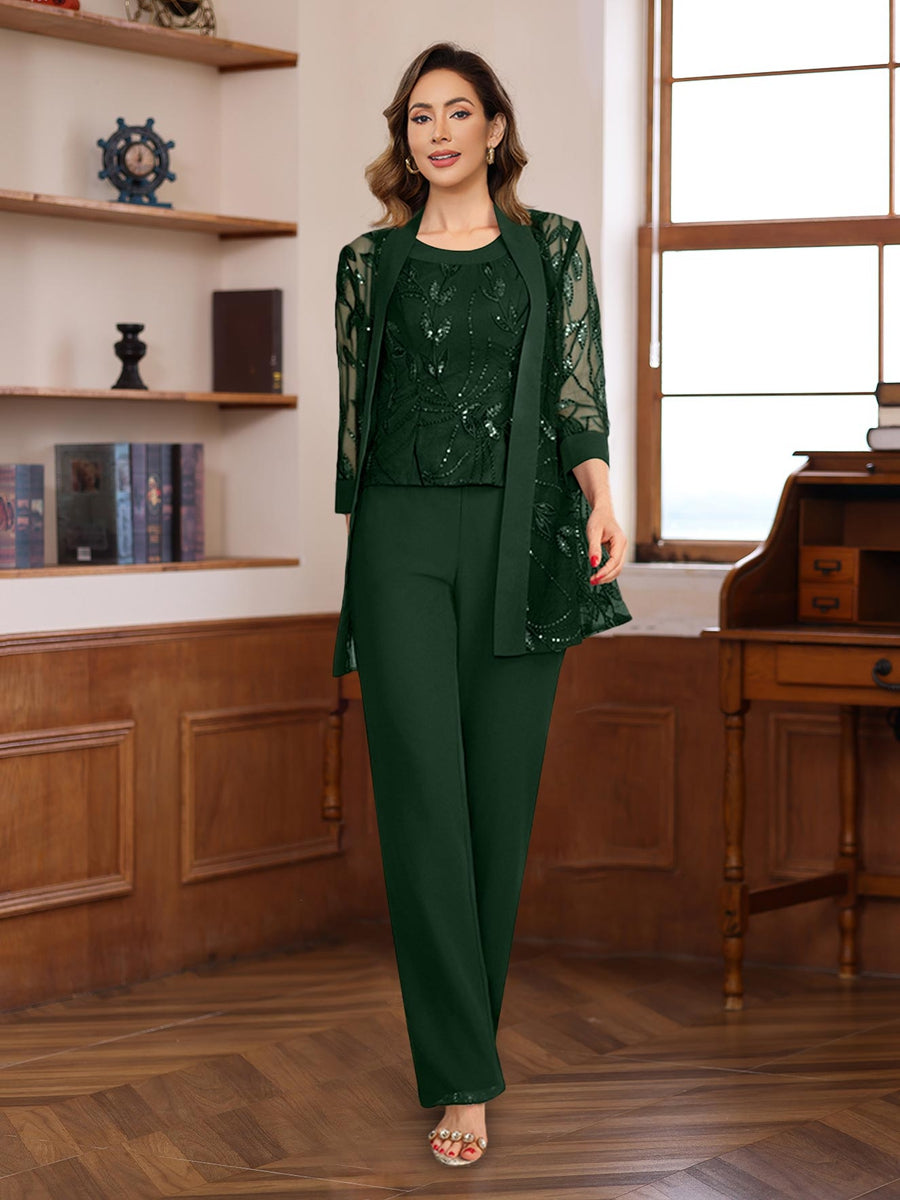 3 Pieces Chiffon Round Neck Floor Length Mother Of The Bride Pantsuits With Sequins
