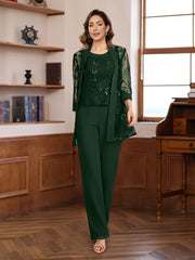 3 Pieces Chiffon Round Neck Floor Length Mother Of The Bride Pantsuits With Sequins