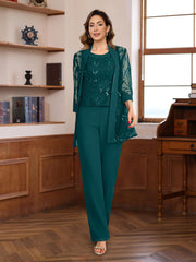 3 Pieces Chiffon Round Neck Floor Length Mother Of The Bride Pantsuits With Sequins