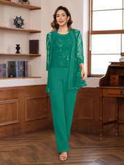 3 Pieces Chiffon Round Neck Floor Length Mother Of The Bride Pantsuits With Sequins