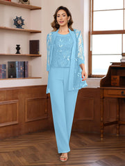 3 Pieces Chiffon Round Neck Floor-Length Mother of the Bride Pantsuits with Sequins