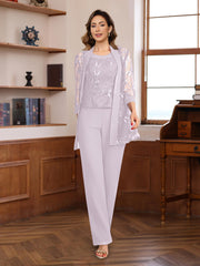 3 Pieces Chiffon Round Neck Floor Length Mother Of The Bride Pantsuits With Sequins