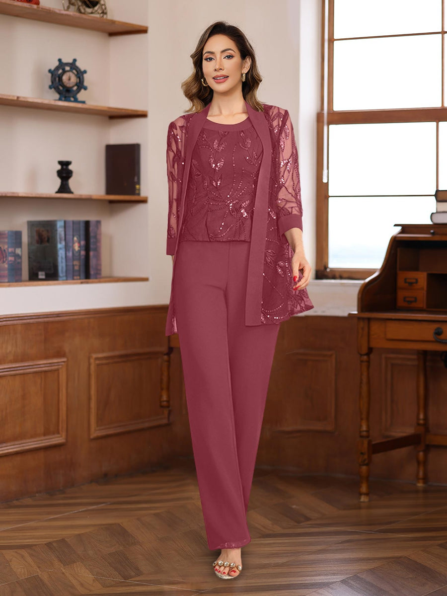 3 Pieces Chiffon Round Neck Floor Length Mother Of The Bride Pantsuits With Sequins