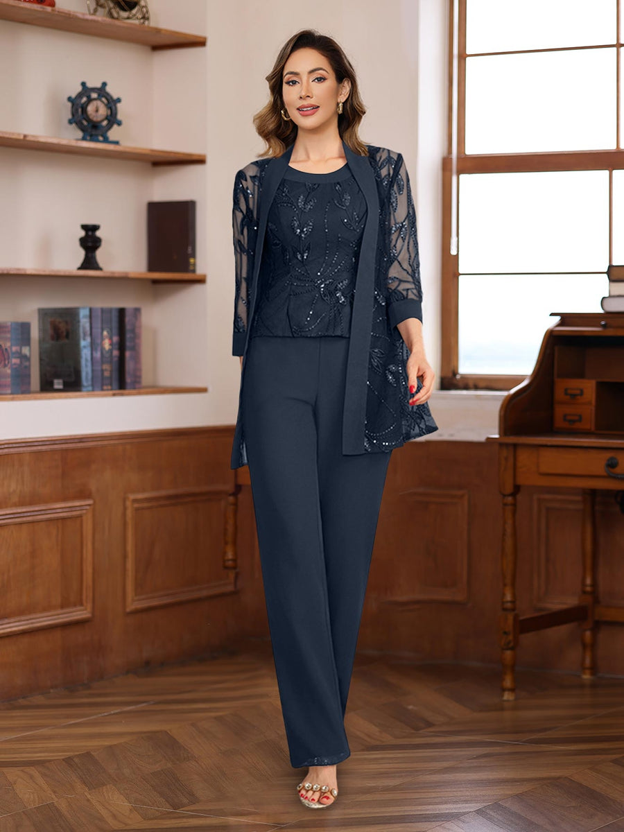 3 Pieces Chiffon Round Neck Floor Length Mother Of The Bride Pantsuits With Sequins