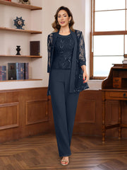 3 Pieces Chiffon Round Neck Floor Length Mother Of The Bride Pantsuits With Sequins