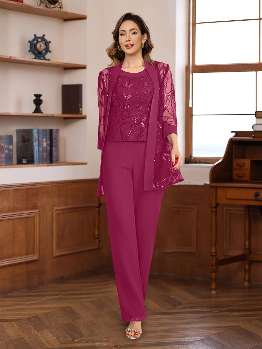 3 Pieces Chiffon Round Neck Floor Length Mother Of The Bride Pantsuits With Sequins