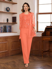 3 Pieces Chiffon Round Neck Floor Length Mother Of The Bride Pantsuits With Sequins