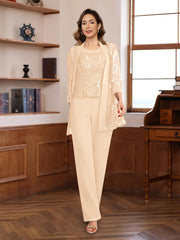3 Pieces Chiffon Round Neck Floor Length Mother Of The Bride Pantsuits With Sequins