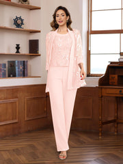 3 Pieces Chiffon Round Neck Floor-Length Mother of the Bride Pantsuits with Sequins