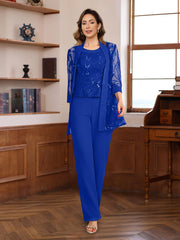 3 Pieces Chiffon Round Neck Floor-Length Mother of the Bride Pantsuits with Sequins