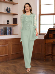 3 Pieces Chiffon Round Neck Floor-Length Mother of the Bride Pantsuits with Sequins