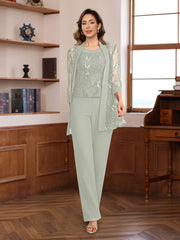 3 Pieces Chiffon Round Neck Floor Length Mother Of The Bride Pantsuits With Sequins