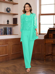 3 Pieces Chiffon Round Neck Floor Length Mother Of The Bride Pantsuits With Sequins