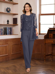 3 Pieces Chiffon Round Neck Floor Length Mother Of The Bride Pantsuits With Sequins