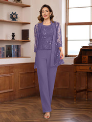 3 Pieces Chiffon Round Neck Floor Length Mother Of The Bride Pantsuits With Sequins