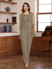 3 Pieces Chiffon Round Neck Floor Length Mother Of The Bride Pantsuits With Sequins
