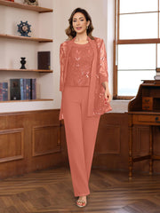 3 Pieces Chiffon Round Neck Floor Length Mother Of The Bride Pantsuits With Sequins