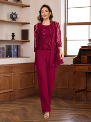 3 Pieces Chiffon Round Neck Floor Length Mother Of The Bride Pantsuits With Sequins