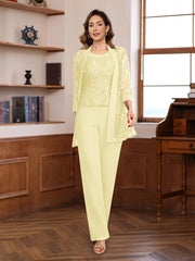 3 Pieces Chiffon Round Neck Floor-Length Mother of the Bride Pantsuits with Sequins