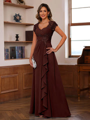 A Line Princess V Neck Short Sleeves Pleated Mother Of The Bride Groom Dresses With Ruffles Appliques