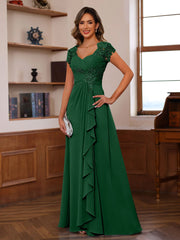 A Line Princess V Neck Short Sleeves Pleated Mother Of The Bride Groom Dresses With Ruffles Appliques