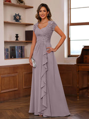 A-Line/Princess V-Neck Short Sleeves Pleated Mother of the Bride & Groom Dresses with Ruffles & Appliques