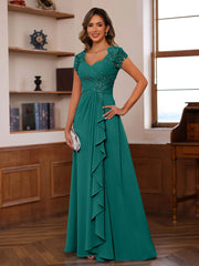 A-Line/Princess V-Neck Short Sleeves Pleated Mother of the Bride & Groom Dresses with Ruffles & Appliques